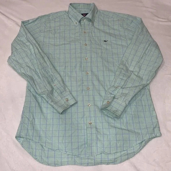 Vineyard Vines Whale Shirt Button Down Preppy Green Gingham with Blue Size Med - Picture 1 of 7